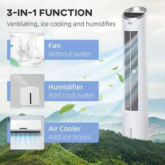 40" Portable Oscillating Air Cooler Fan For Home Office, 3-In-1 Standing Ice Floor Fan With Humidifier, 3 Modes, 3 Speeds, 8H Timer, Remote, LED Display, White